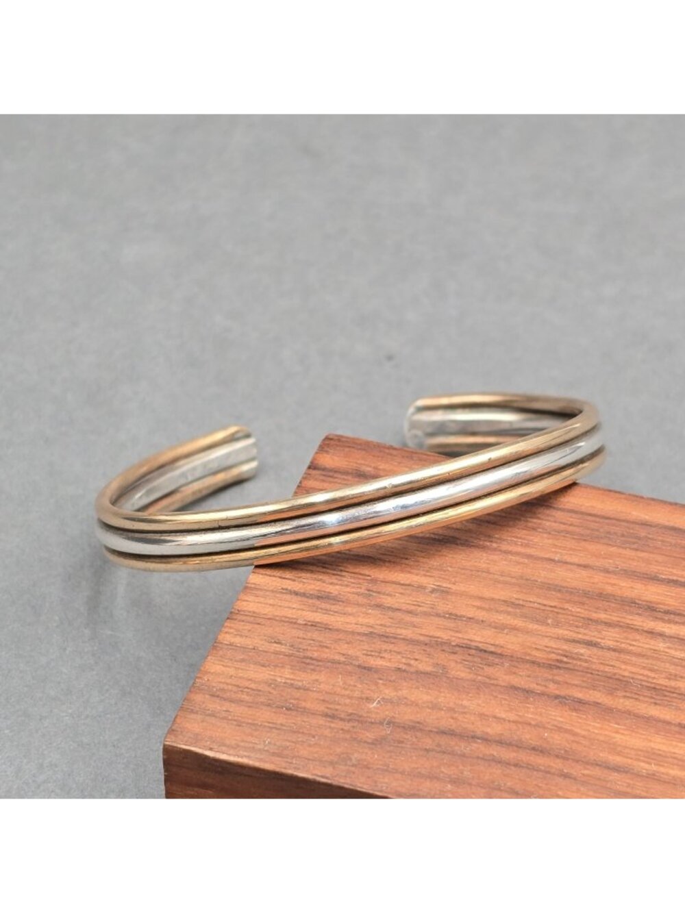 Sterling Silver Brass Cuff Bracelet 6.75" Two Tone Mixed Metal Boho Minimalist
